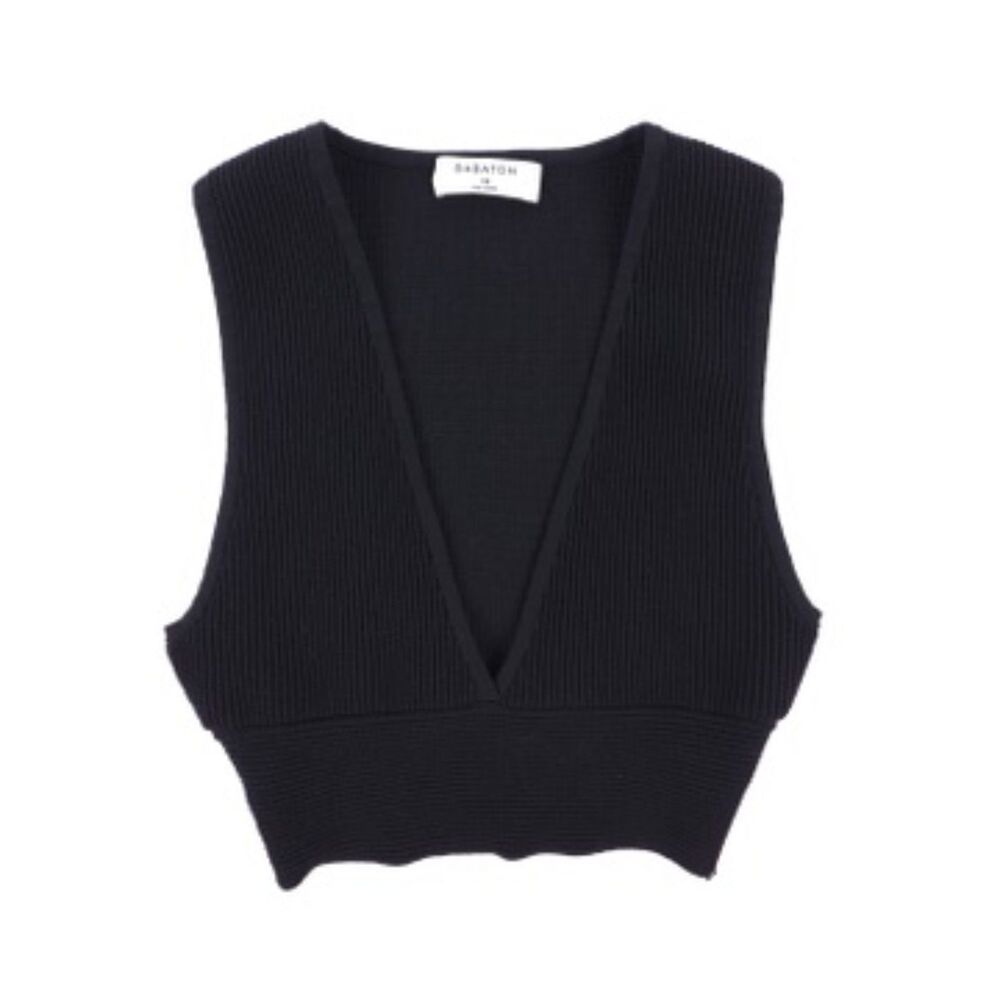 NEW Aritzia Babaton Sculpt Knit Deep V Tank Cropped Black Minimal Clean Girl XS